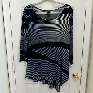 Clara SunWoo Asymmetrical Striped Tunic Top Size Large Blue and Black Artsy